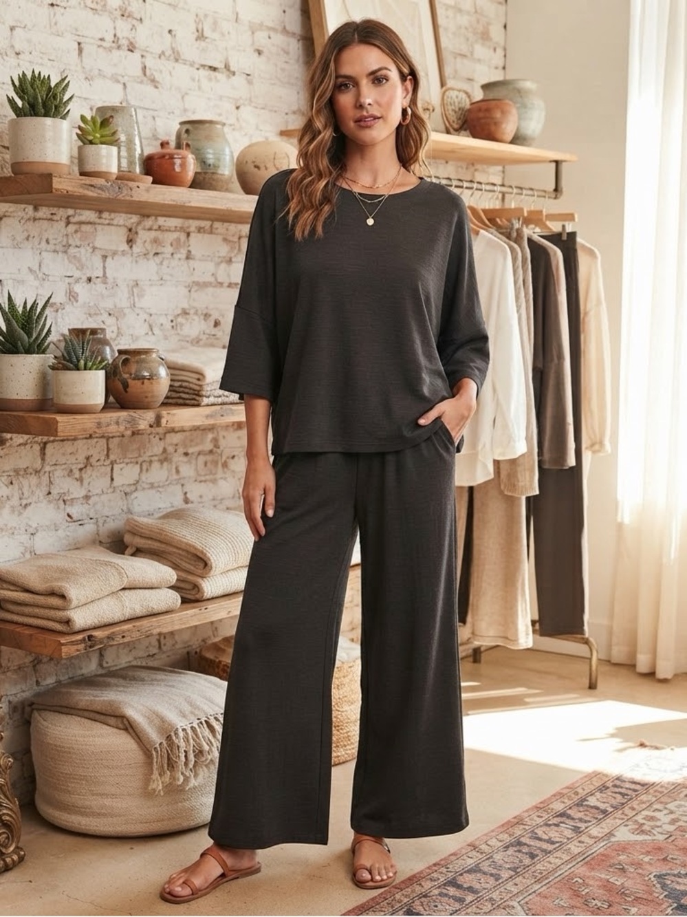 Max Studio Wide-Leg Pants and Boxy Top Set - Chocolate Brown Size Large